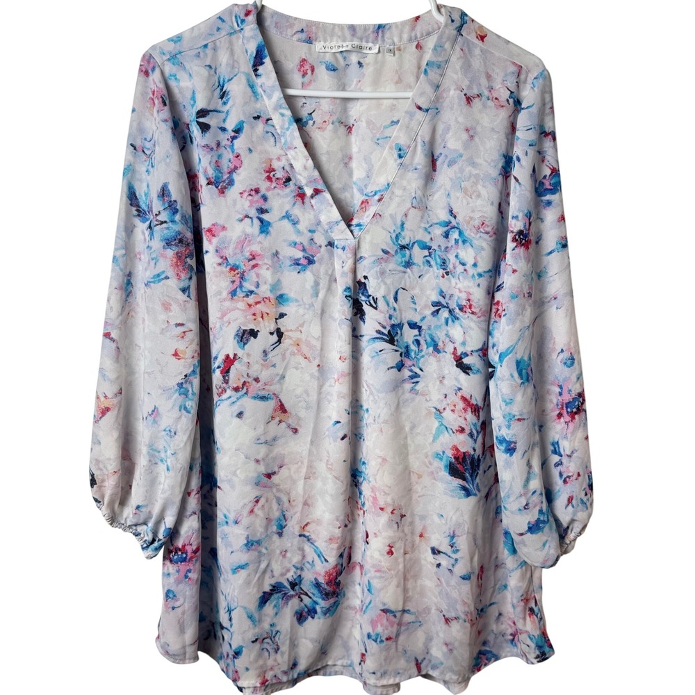 Violet Claire Blouse Women 1X White Floral V-Neck Long Sleeve Watercolor Boho